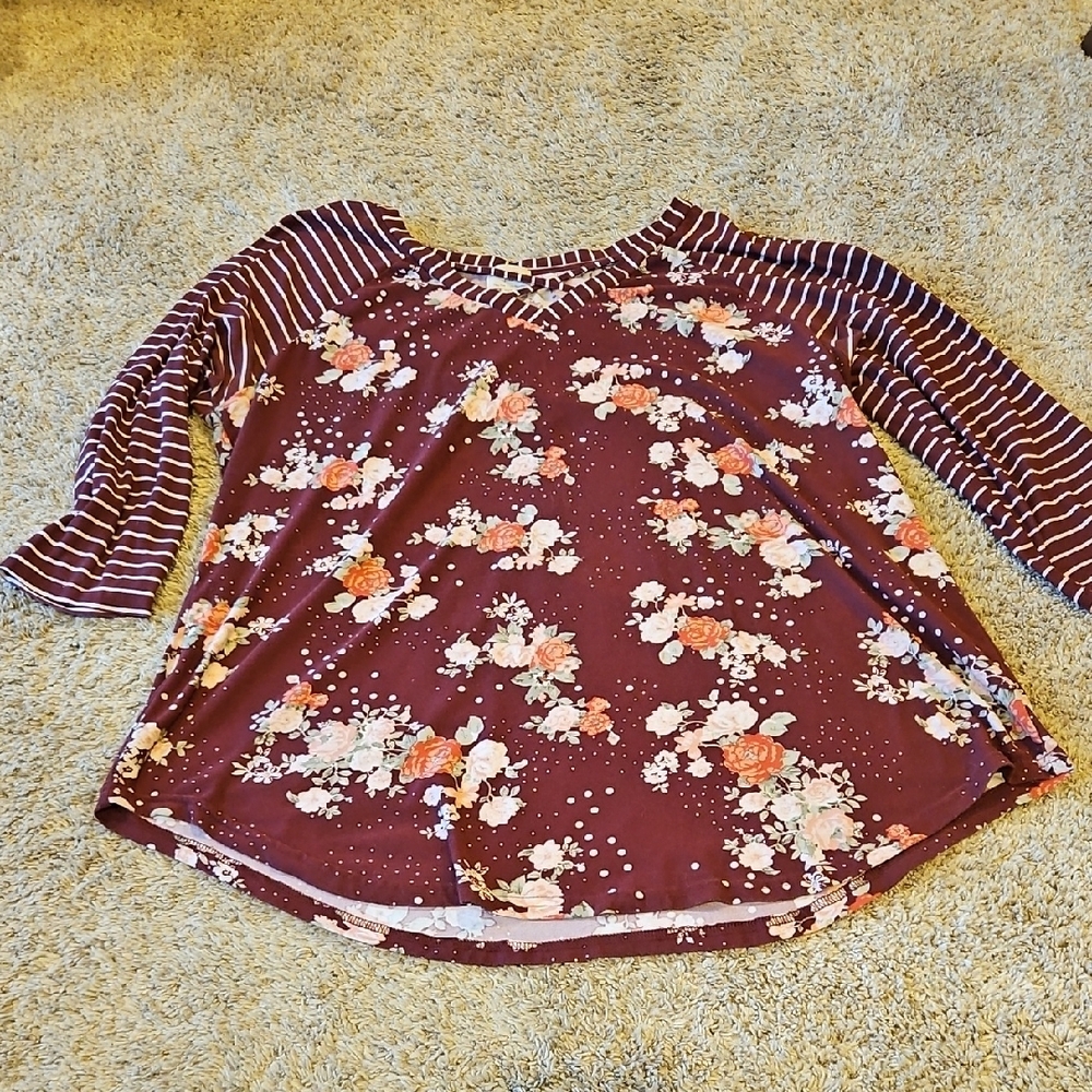 Floral Burgundy Top with Striped Sleeves